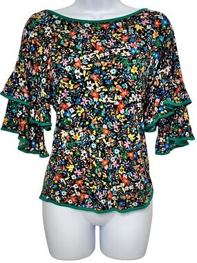 Women’s Floral Ruffle-Sleeve Blouse in Black with Green Trim